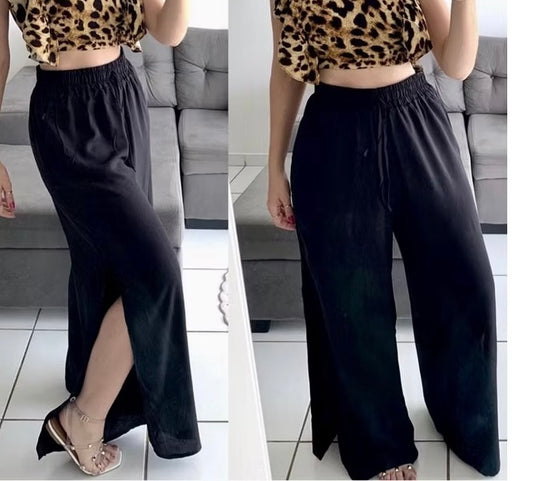 ￼Calça Pantalona Feminina Fendas Laterais Cintura Alto Forrado