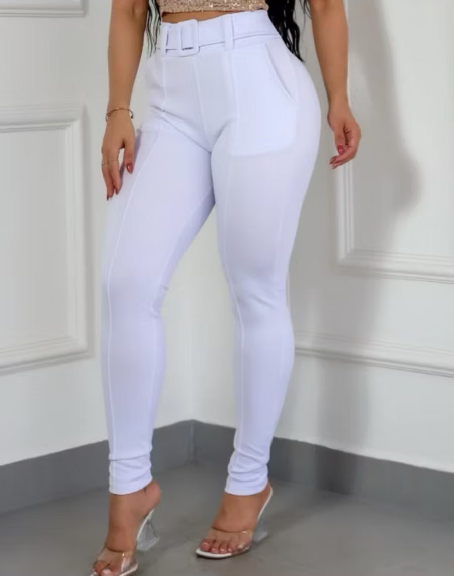 ￼Calça Com Cinto Forrado ,Malha Crepe Cintura Alta estilo social