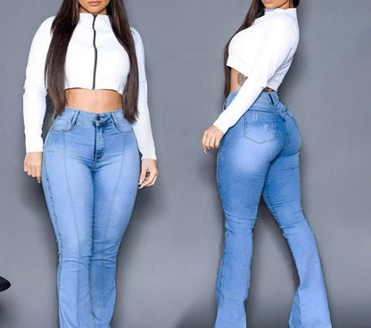 ￼Calça jeans feminina flare modelagem levanta bumbum cintura alta