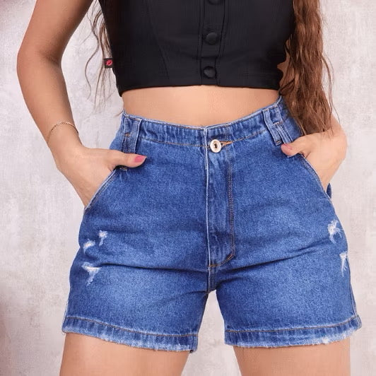 ￼Bermuda Boyfriend Meia Coxa Com Bolso Faca Feminina Short Cintura Alta Blogueira Jeans 100% Algodão