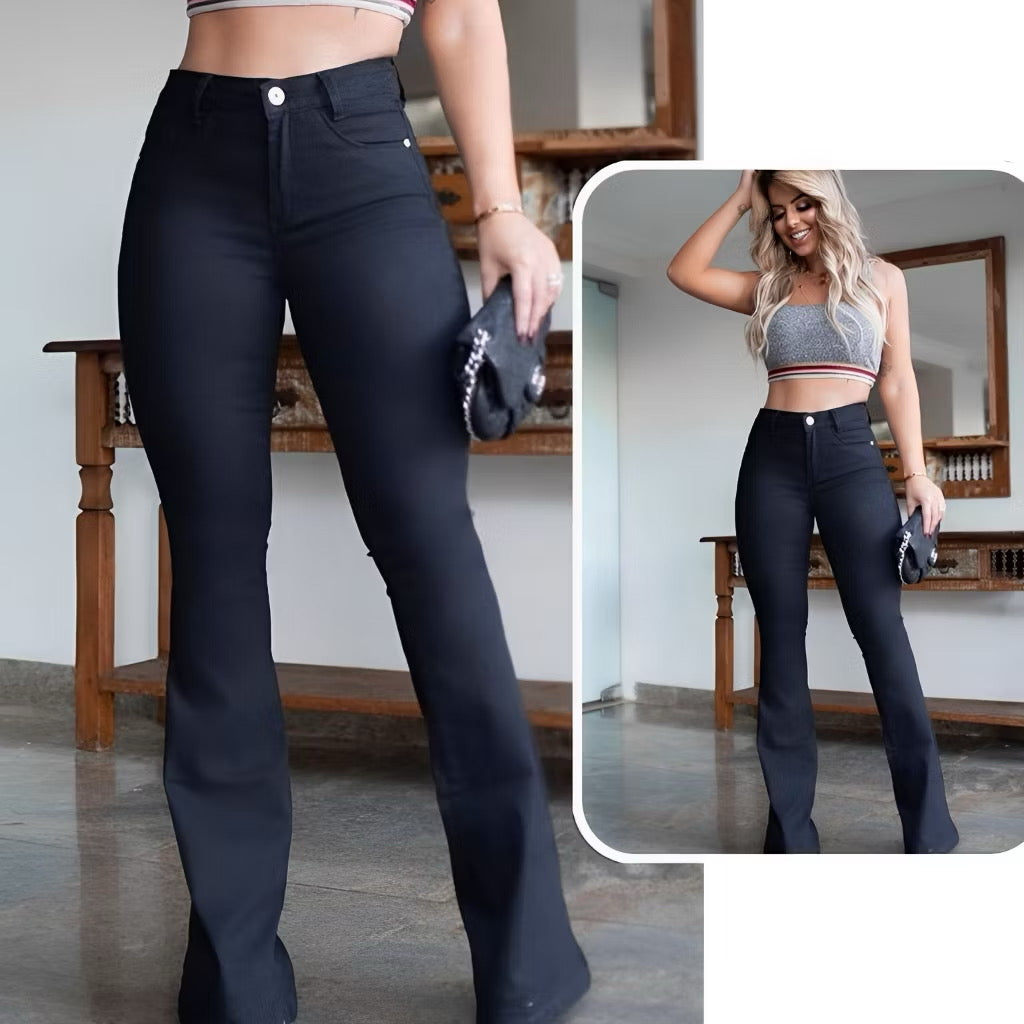 ￼Calça jeans feminina flare modelagem levanta bumbum cintura alta